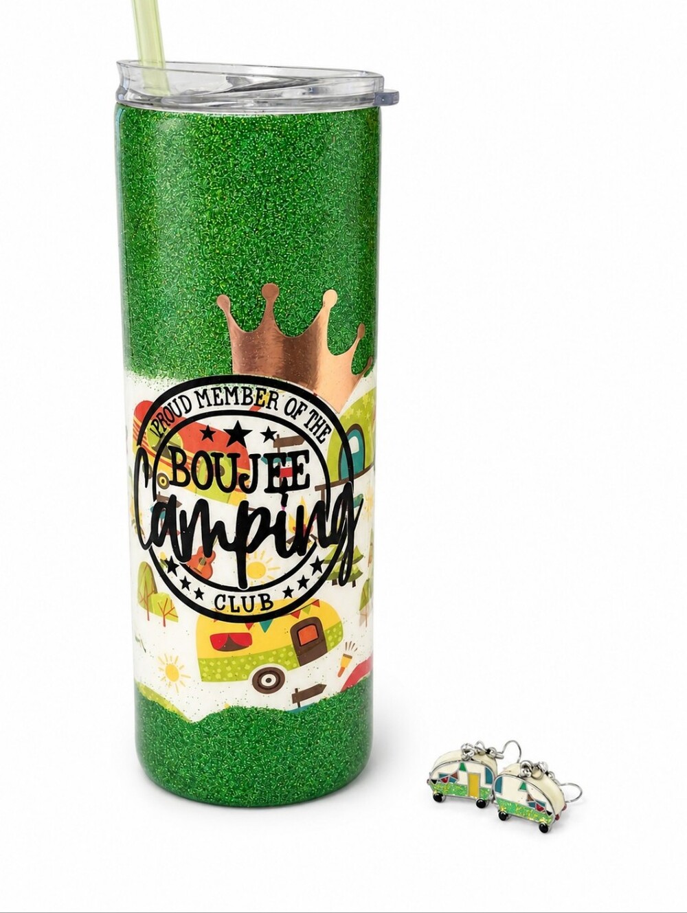 Handmade Boujee Camping Club Glitter Tumbler & Camper Earrings Gift Set 20oz